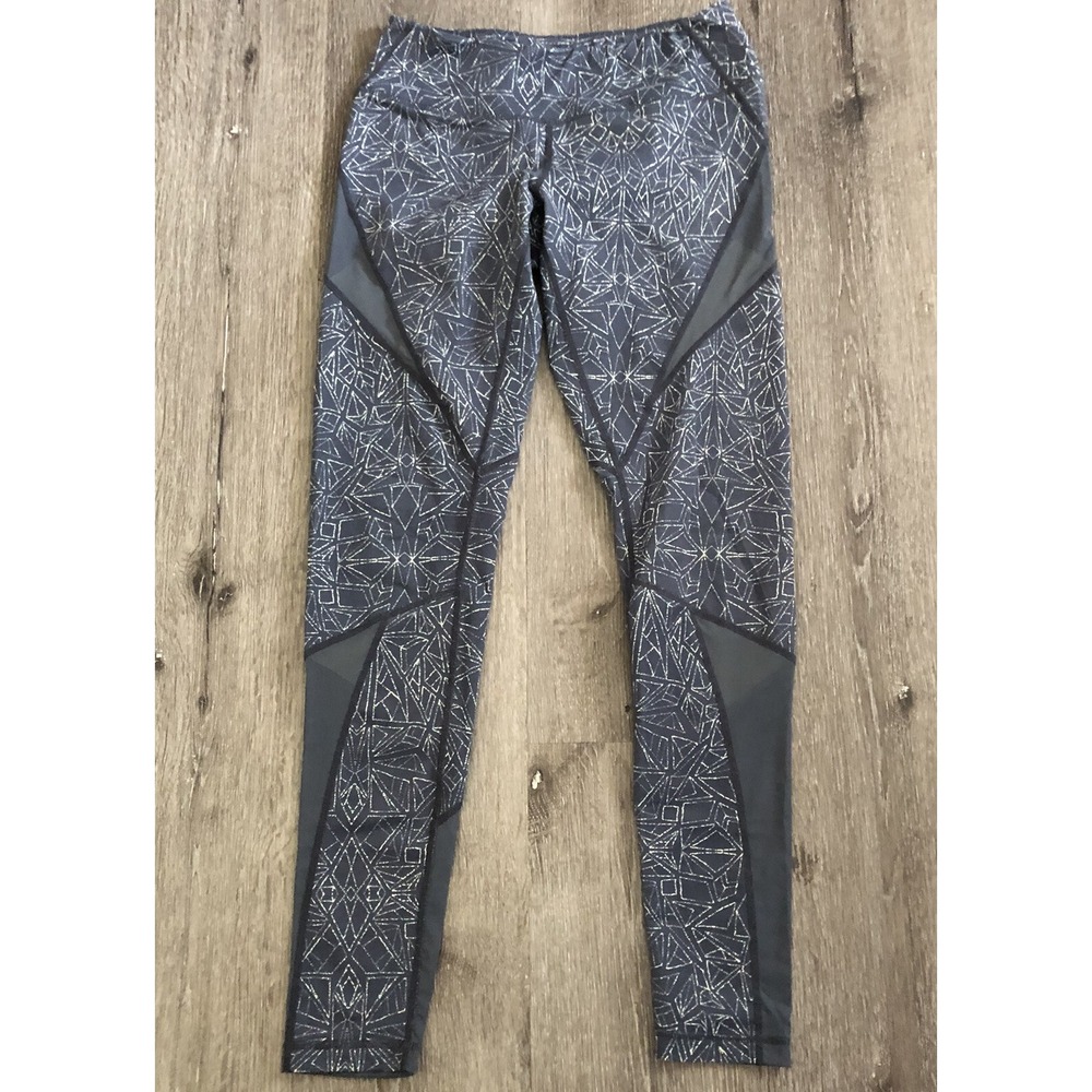Zella Geometric Abstract Green Yellow Mesh Detail Compression Leggings‎ S